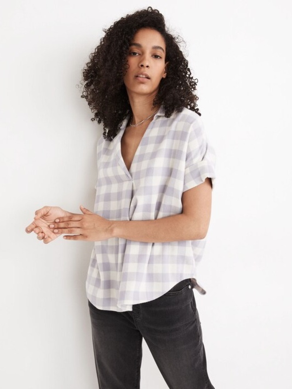 Madewell 100% Cotton Flannel Courier Button-Back Shirt Medium Lavender Gingham